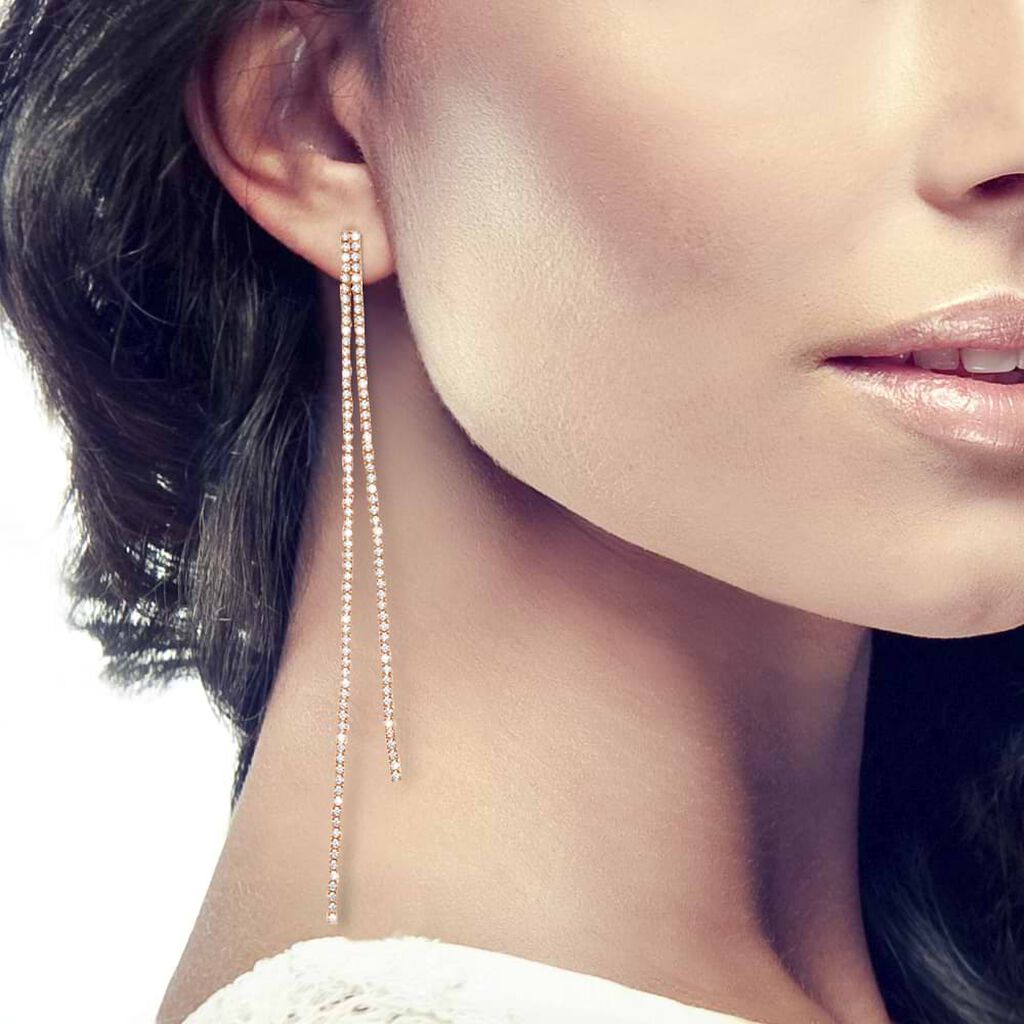 Orecchini pendenti a due fili in metallo rosato con strass - Orecchini Pendenti Donna | Stroili