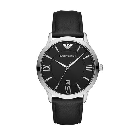 Emporio Armani orologio solotempo in acciaio silver e cinturino in pelle nero con quadrante nero - Orologi Donna | Stroili