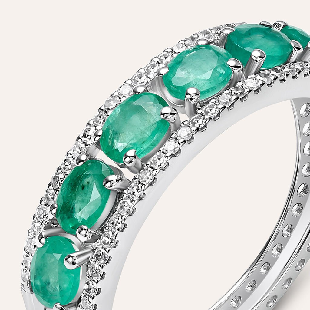 Anello Fascia Elizabeth Crown Oro Bianco Smeraldo Diamante