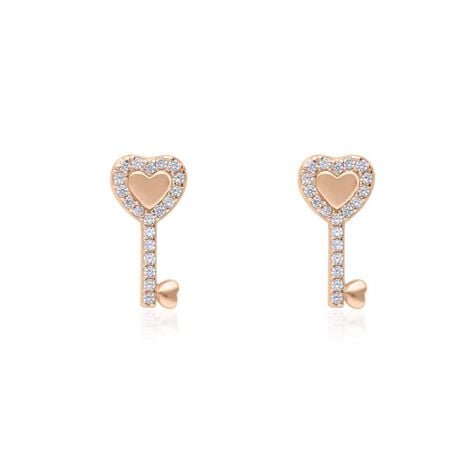 Orecchini a lobo in argento rosato forma chiave cuore con zirconi - Orecchini a Lobo Donna | Stroili