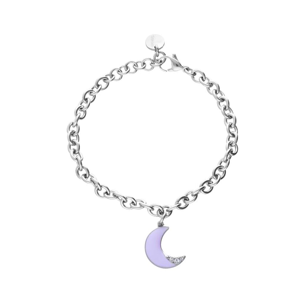 Bracciale con pendente luna lilla in acciaio e strass
