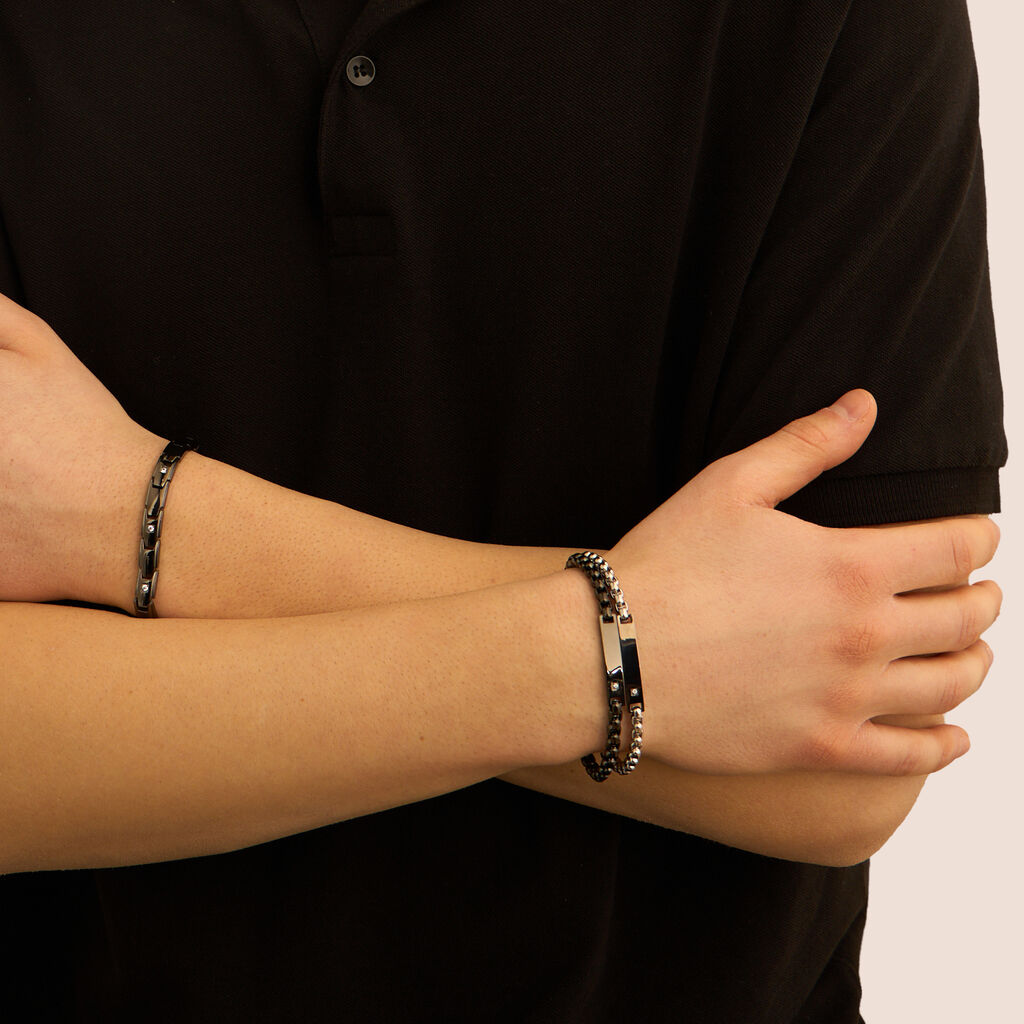 Bracciale Con Targhetta Man Code Acciaio Bicolore Bianco / Nero Cubic Zirconia