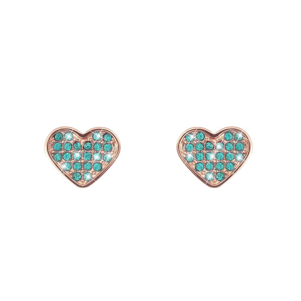 Orecchini cuore in acciaio rosa e cristalli verdi