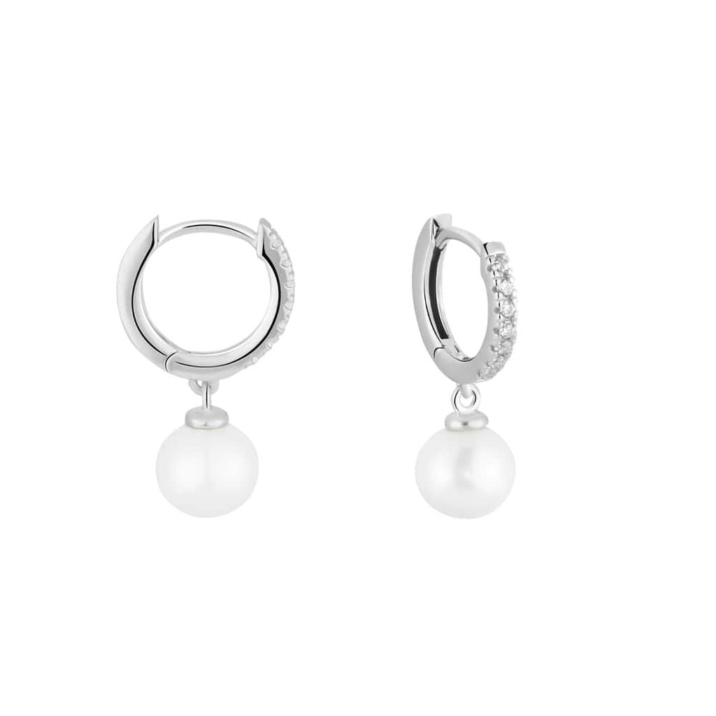 Orecchini A Cerchio Gabrielle Oro Bianco Perla D'Acqua Dolce Cubic Zirconia - Orecchini a Cerchio Donna | Stroili