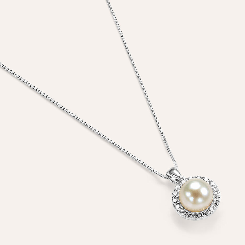 Collana Gabrielle Oro Bianco Perla D'Acqua Dolce Cubic Zirconia