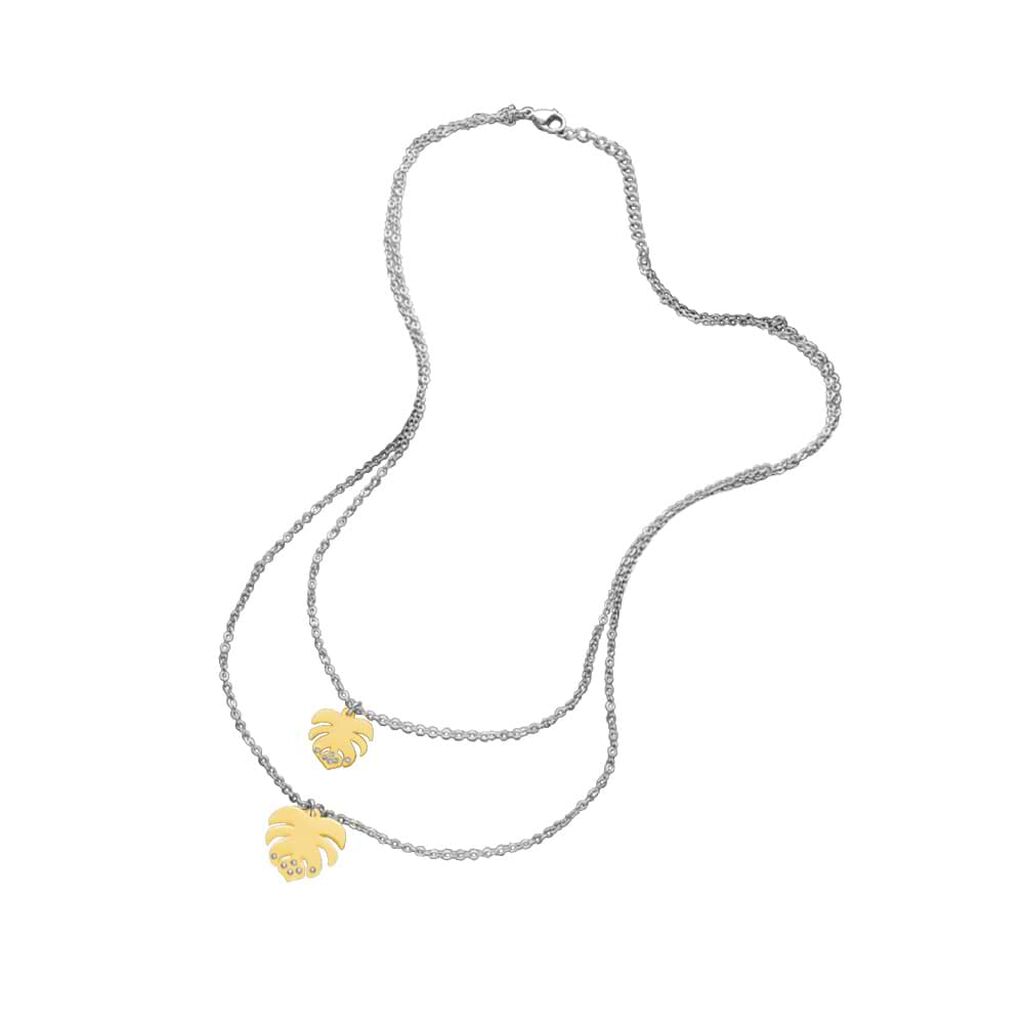 Girocollo doppio giro con ciondoli foglia in acciaio bicolore e strassBracciale in acciaio bicolore a maglie con targhetta scura con strass - Collane Donna | Stroili