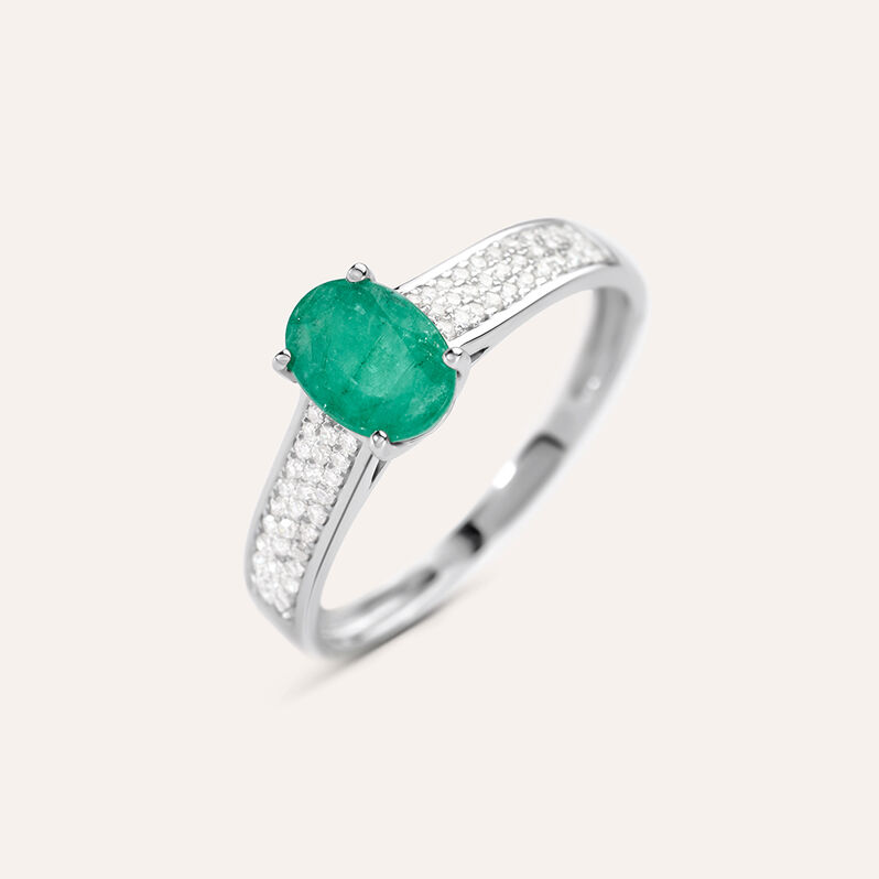 Anello Solitario Charlotte Oro Bianco Smeraldo Diamante - Anelli con Pietre Donna | Stroili