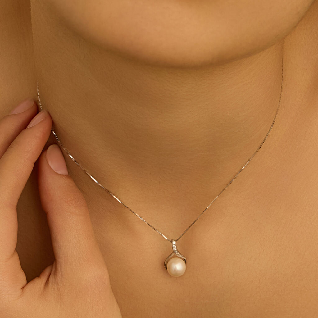 Collana Gabrielle Oro Bianco Perla D'Acqua Dolce Cubic Zirconia