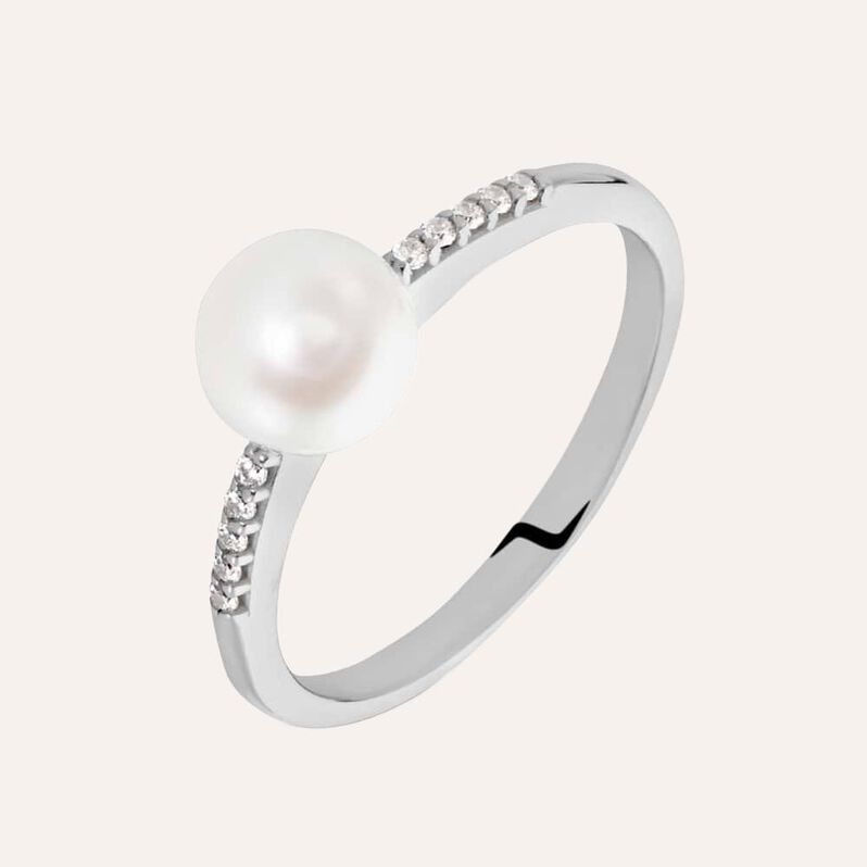 Anello Solitario Gabrielle Oro Bianco Perla D'Acqua Dolce Cubic Zirconia - Anelli con Pietre Donna | Stroili