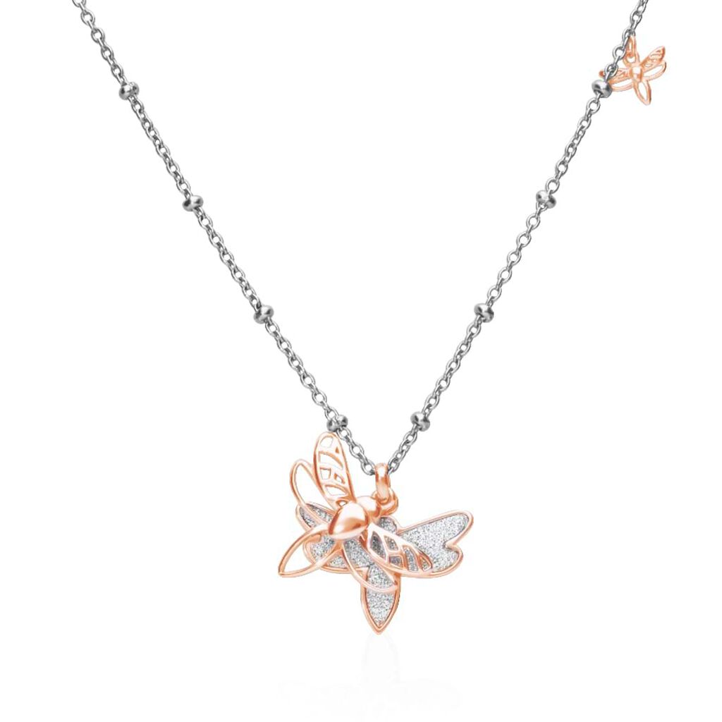Girocollo in acciaio bicolore con charm libellula con glitter