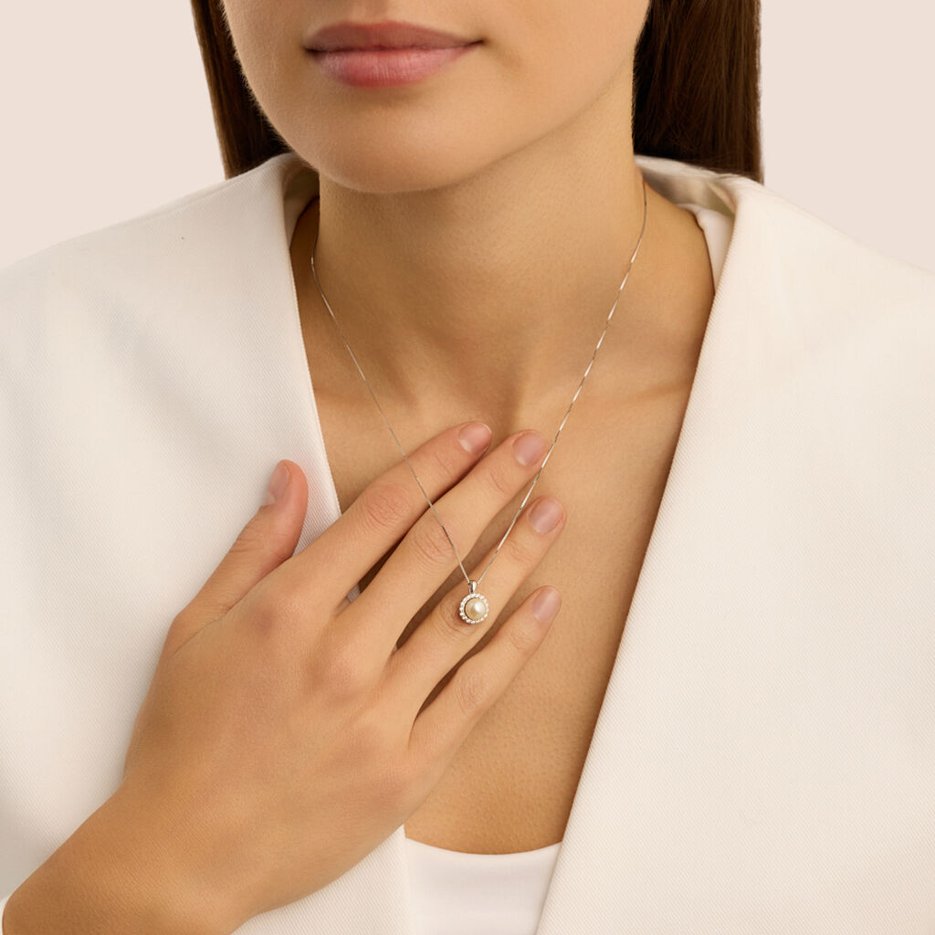 Collana Gabrielle Oro Bianco Perla D'Acqua Dolce Cubic Zirconia