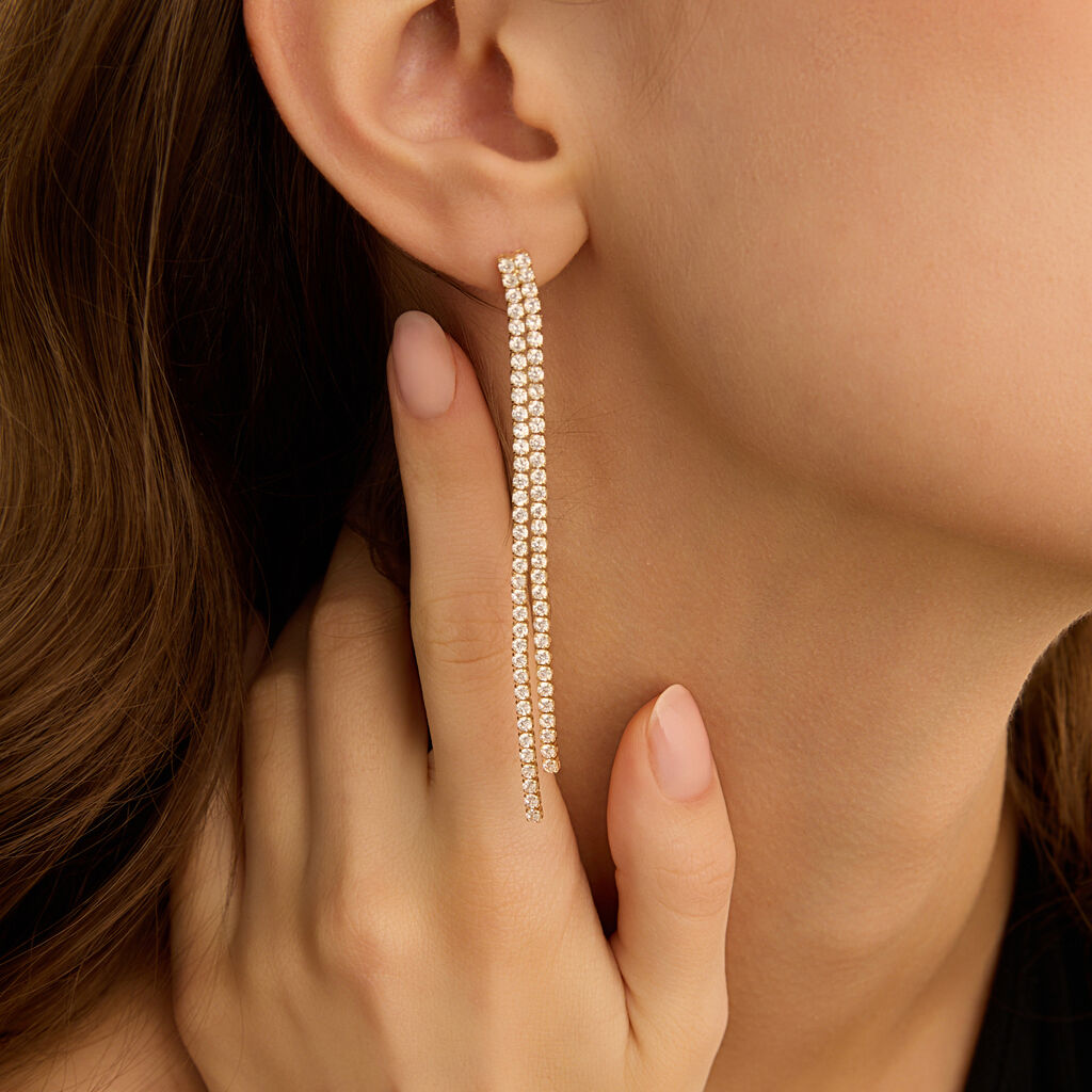 Orecchini Pendenti Tennis Romantic Shine Metallo Dorato Cristallo