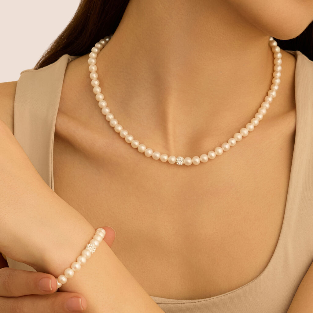 Collana Gabrielle Oro Bianco Perla D'Acqua Dolce Cristallo