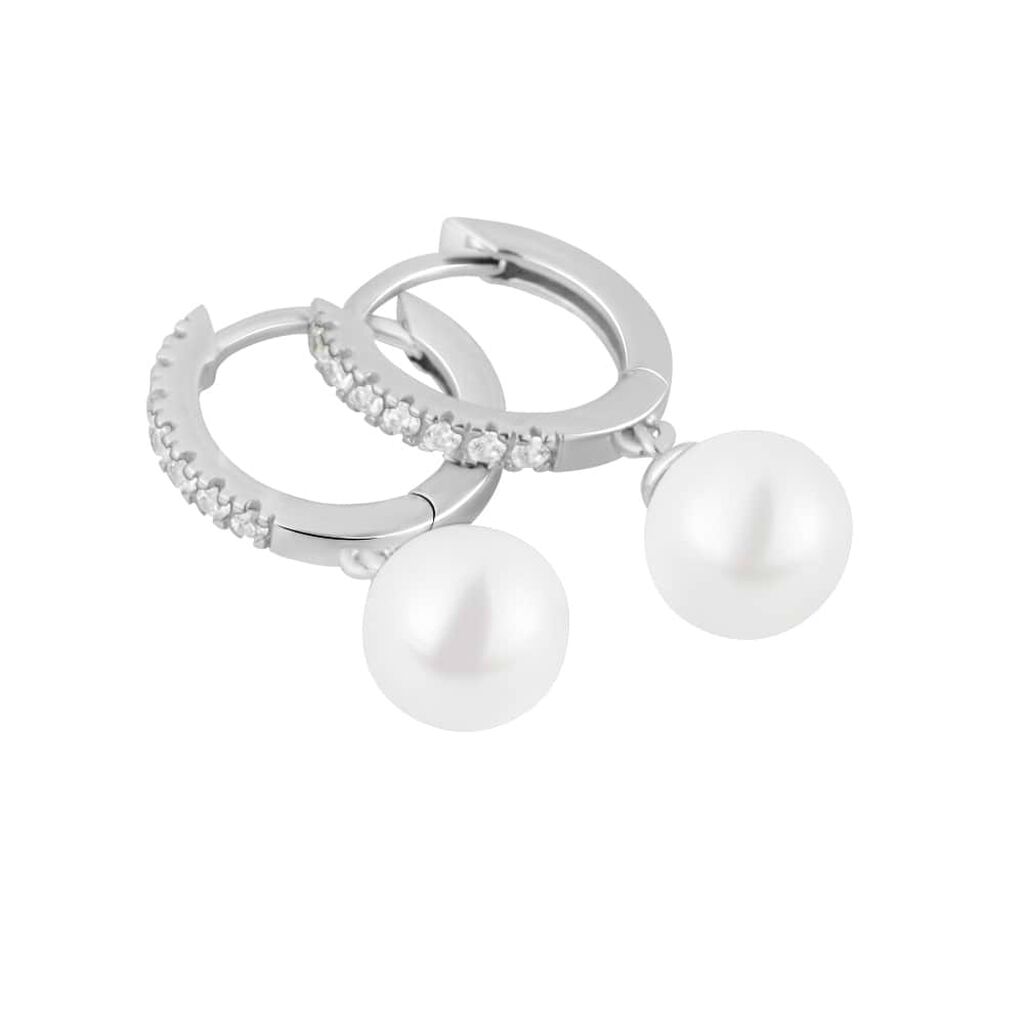 Orecchini A Cerchio Gabrielle Oro Bianco Perla D'Acqua Dolce Cubic Zirconia - Orecchini a Cerchio Donna | Stroili