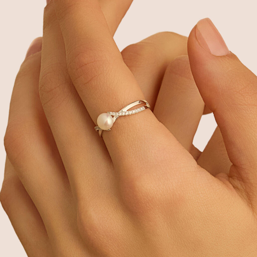 Anello Solitario Gabrielle Oro Bianco Perla D'Acqua Dolce Cubic Zirconia