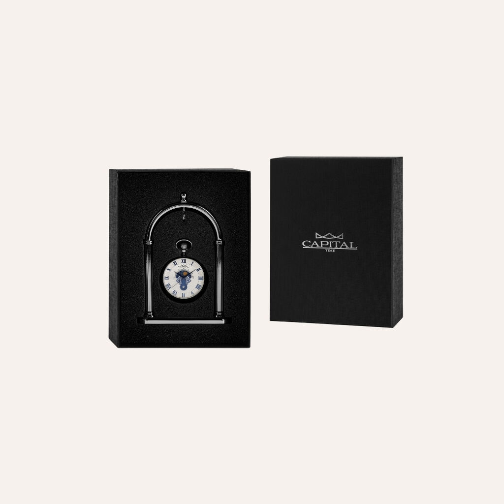 Set Orologio da Tasca Capital con Fasi Lunari in Acciaio e Stand in Metallo