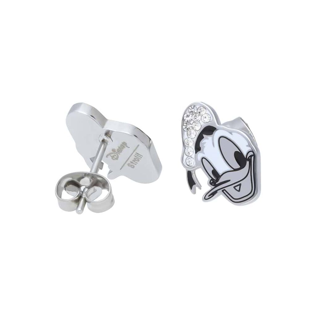 Orecchini a lobo in acciaio forma Paperino e strass