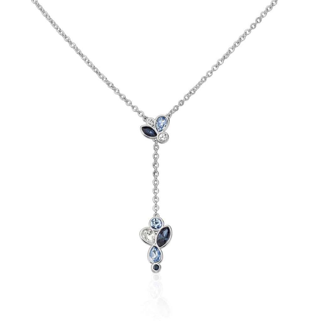 Collana con pendente in metallo rodiato e pietre colore blu