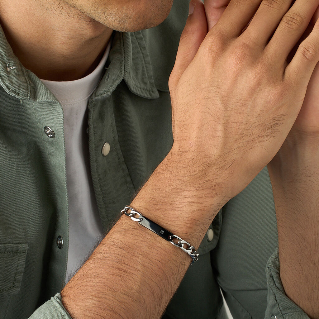 Bracciale Con Targhetta Man Code Acciaio Bicolore Bianco / Nero Cubic Zirconia - Bracciali con Incisione Uomo | Stroili