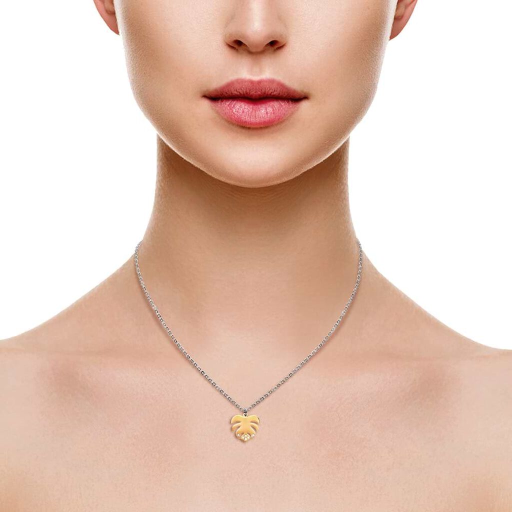 Girocollo con ciondolo foglia in acciaio bicolore e strass - Collane Donna | Stroili