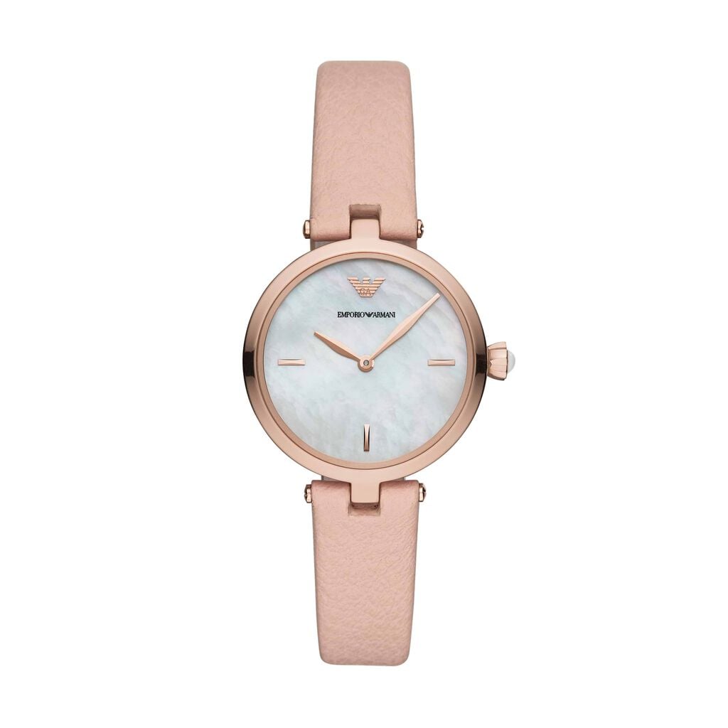 Emporio Armani orologio solotempo in acciaio gold rose con cinturino in pelle rosa e quadrante madreperla