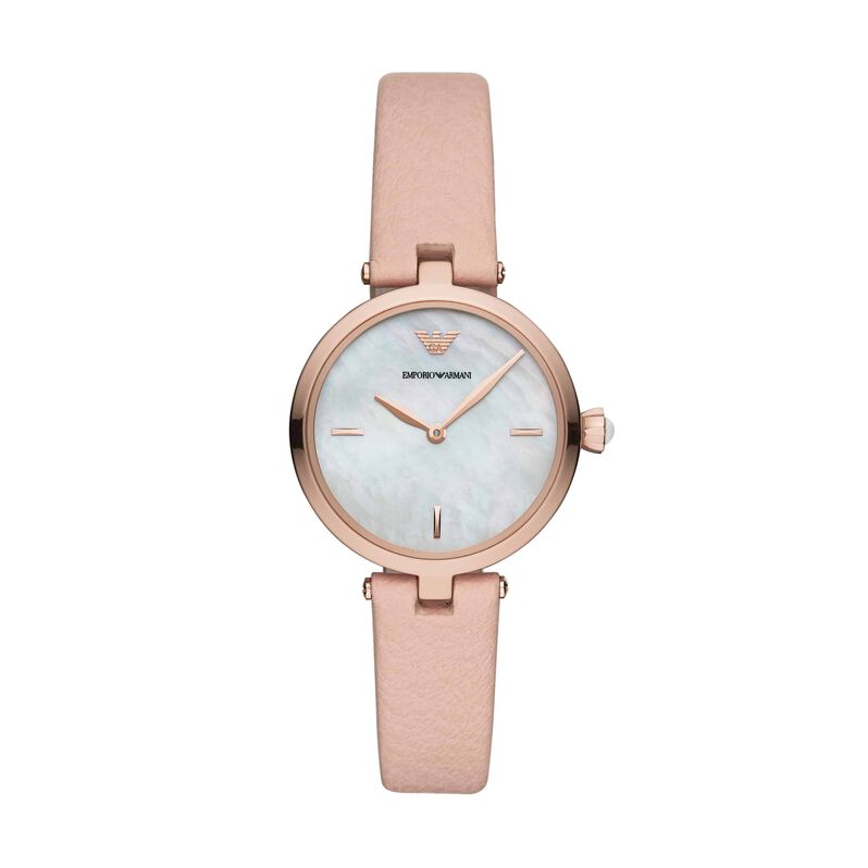 Emporio Armani orologio solotempo in acciaio gold rose con cinturino in pelle rosa e quadrante madreperla - Orologi Donna | Stroili