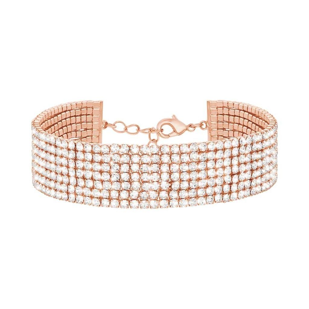 Bracciale multifilo largo in metallo rosato con strass