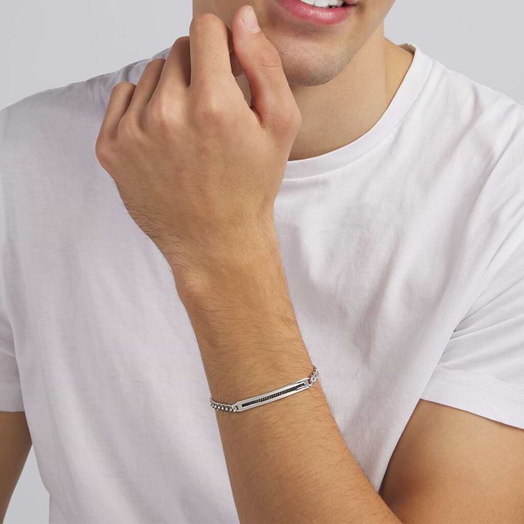 Bracciale Con Targhetta Gentleman Argento Bicolore Bianco / Nero - Bracciali con Incisione Uomo | Stroili