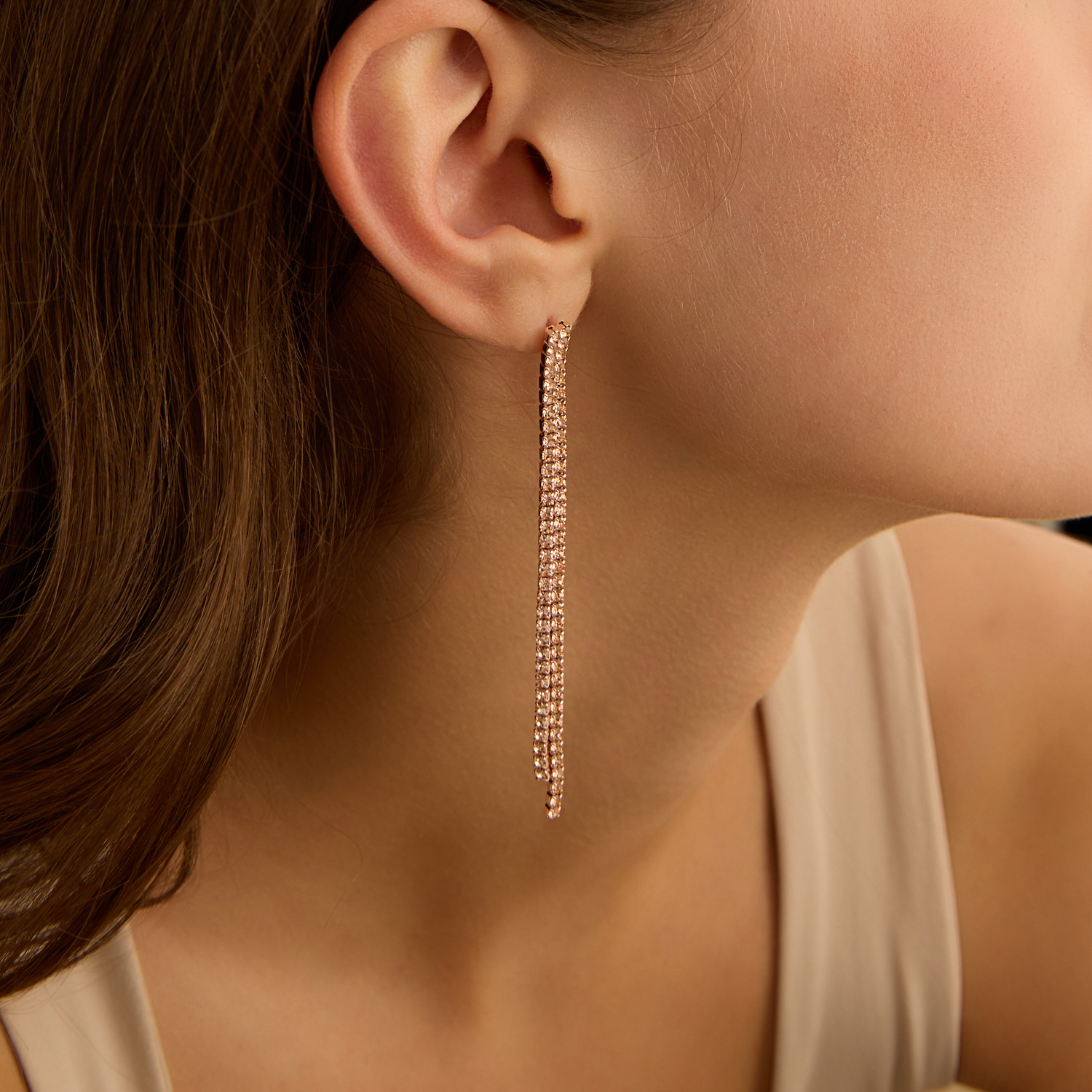 Orecchini Pendenti Donna Con Petalo Rosa, Cristallo Brillante E Catena Nappa - Argento S925 Eleganti